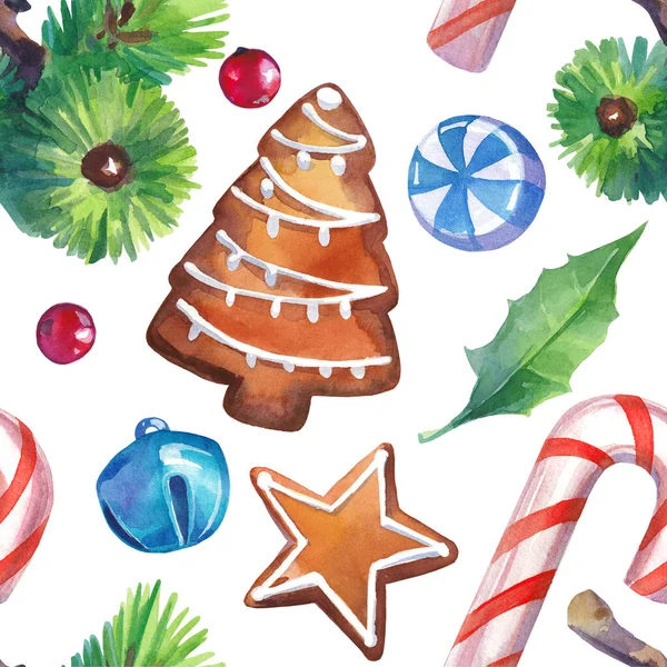 Aquarel Kerstmis Naadloze Textuur Peperkoek Kaneel Bel Snoep — Stockfoto