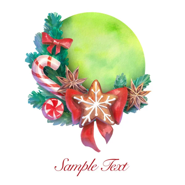 圣诞和谐水彩画与糖果 刺和松树 — 图库照片