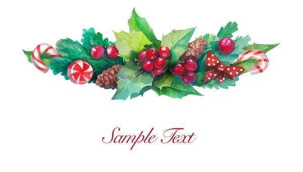 Christmas Harmonious Watercolor Composition Candy Holly Spur Pine — Stock Photo, Image