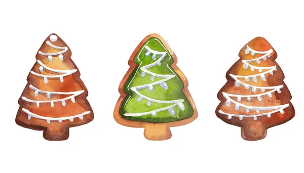 Set Christmas Gingerbread Trees Isolated Watercolor Decorations — Stock Photo, Image