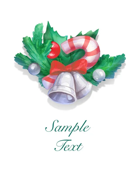 Handgezeichnete Aquarell Weihnachtskarte Mit Glocken Süßigkeiten Und Tannenzweig — Stockfoto