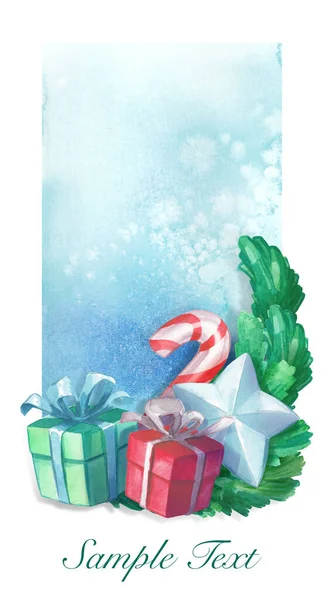 Tarjeta Postal Navidad Acuarela Con Regalo Estrella Caramelo — Foto de Stock