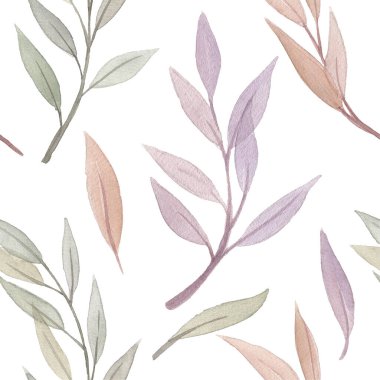Seamless watercolor pattern with  green leaves, buds and twigs. 