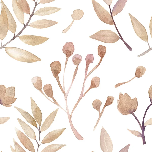 Watercolor seamless pattern with  light-brown leaves, buds and twigs. 