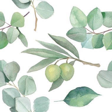 Sulu yeşil ginkgo yaprakları, okaliptüs, zeytin, fesleğen, adaçayı ve biberiye.