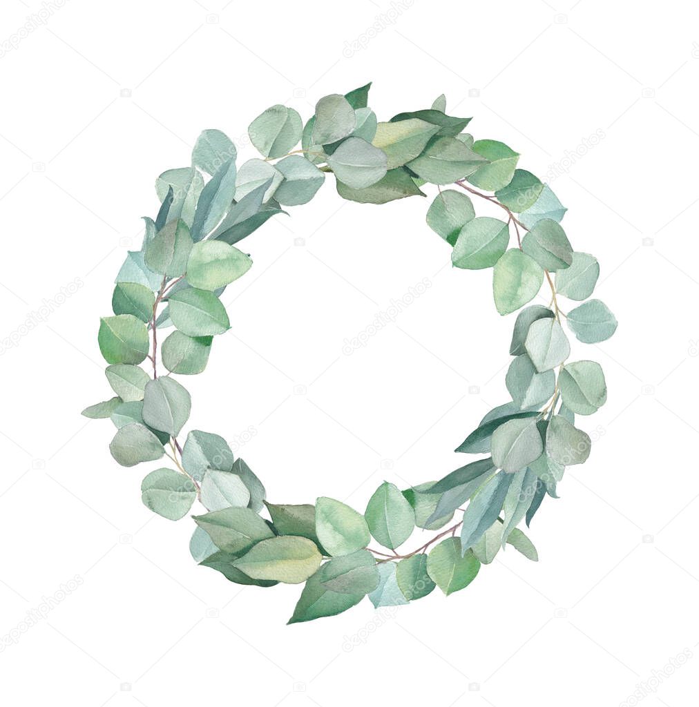 Green wreath hand drawn watercolor silver dollar eucalyptus