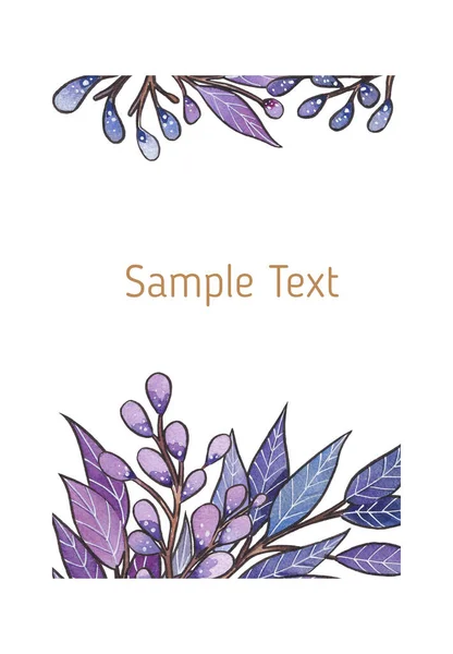 手工绘制的水彩画框架 由蓝色 绿松石 丁香和紫色小枝 叶子和芽组成 白色背景隔离 — 图库照片