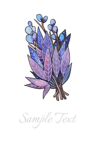 枝や花を持つカードの水彩画の図面 ブルー ターコイズ ライラック パープルの色合い — ストック写真