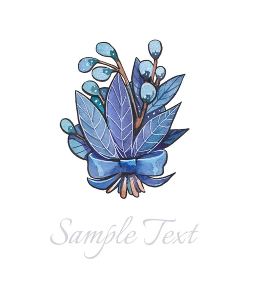 Dibujos Acuarela Para Tarjetas Con Hojas Ramas Flores Tonos Azul —  Fotos de Stock
