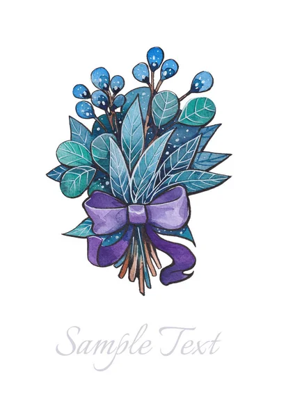 Rysunki Akwareli Dla Kart Liśćmi Gałęziami Kwiatami Niebieskie Turkusowe Liliowe Obrazek Stockowy