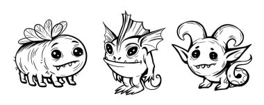 Komik şirin maskotlar seti. Komik cadılar bayramı korkunç canavar karakterleri. Komik kahramanlar.