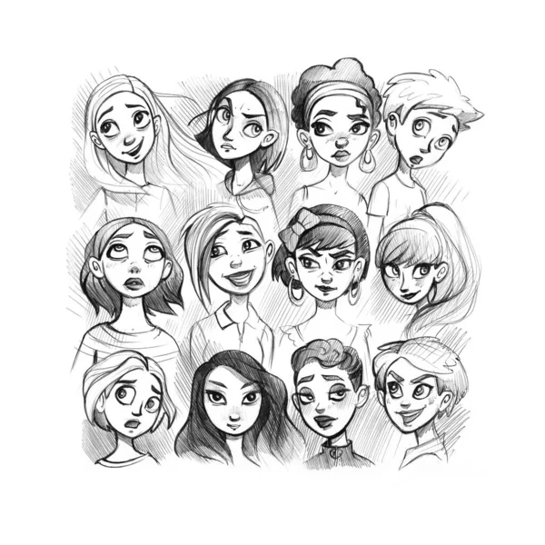 Libro Degli Schizzi Set Avatar Giovani Diverse Ragazze Disegnati Mano — Foto Stock