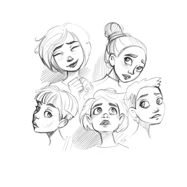 Carnet Croquis Ensemble Jeunes Filles Avatars Dessinés Main Avec Stylo — Photo