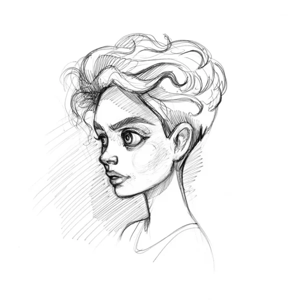 Avatar Sketch Young Girl Short Hair Handwork — Stock Photo, Image