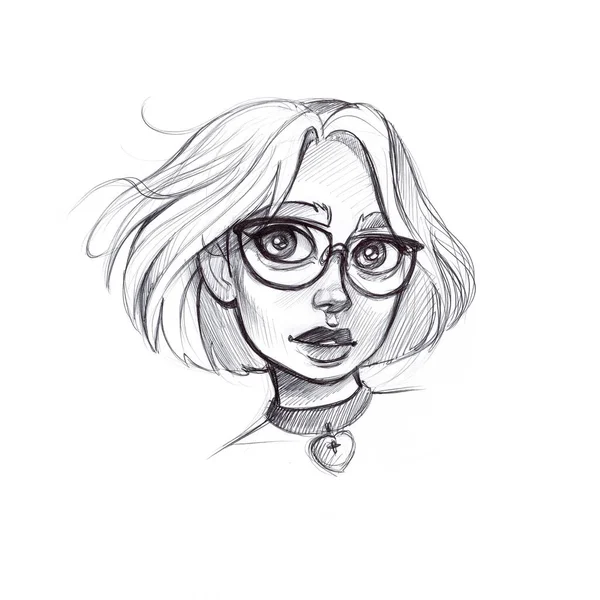 Beautiful Young Girl Glasses Hand Drawn Pencil Sketch — Stock Photo, Image