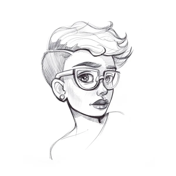 Belle Jeune Fille Avec Des Lunettes Croquis Crayon Dessiné Main — Photo