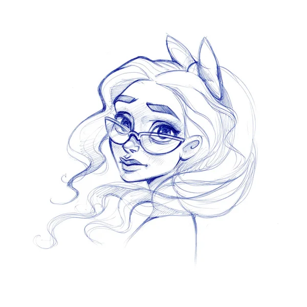 眼鏡をかけた美しい少女 手描きの鉛筆スケッチ ストック画像