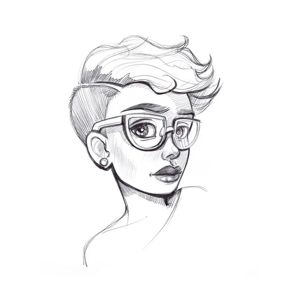 眼鏡をかけた美しい少女 手描きの鉛筆スケッチ ストック画像