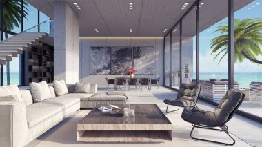 Modern Lüks Oturma Odası, İç tasarım 3D Resim Çizimi