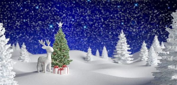 Διακοσμημένο Χριστουγεννιάτικο Δέντρο Και Τάρανδοι Χειμερινές Διακοπές Νύχτα Καθιστούν Εικόνα — Φωτογραφία Αρχείου