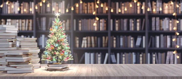 Kütüphanedeki kitaplıktaki dekore edilmiş Noel ağacı eski kitaplarla, kitapçıda tatiller 3D çizim konseptiyle