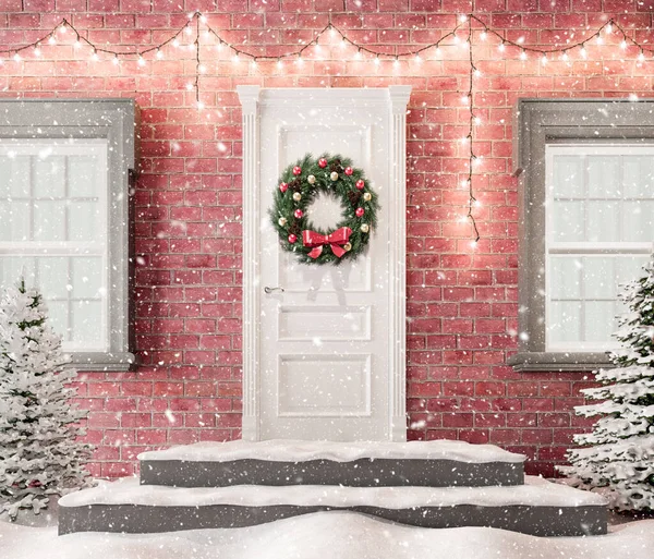 Karlı bir gecede Noel çelengi ve şenlikli süslemeleri olan beyaz bir ön kapı. 3D çizim.