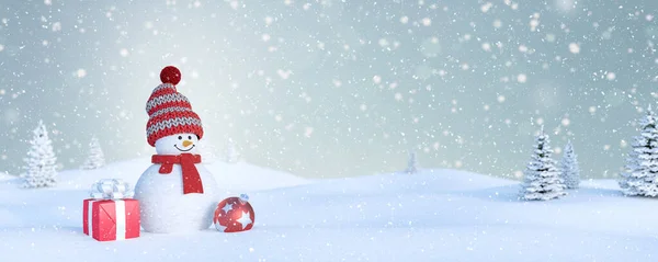 Зимние Праздники Фон Снеговиком Подарки Снег Снежинки Рендеринг Иллюстрации — стоковое фото