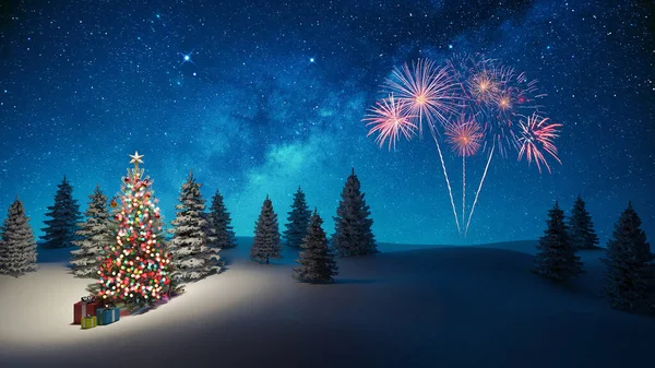 Kış gecesinde dekore edilmiş Noel ağacı. Arka plan 3D görüntüleme.