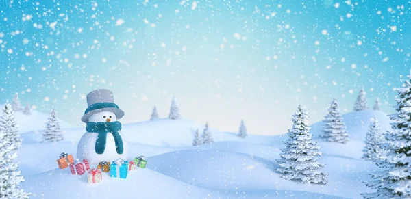 Winter Holidays Background Snowman Gifts Snow Snowflakes Render Illustration — Stock Photo, Image