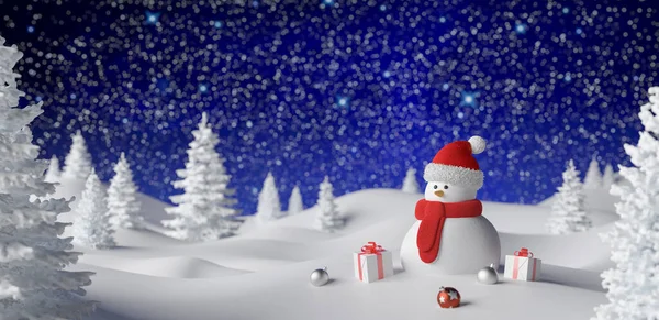 Χειμερινές Διακοπές Φόντο Ένα Χιονάνθρωπο Δώρα Χιόνι Και Νιφάδες Χιονιού — Φωτογραφία Αρχείου