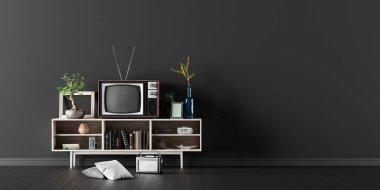 Klasik oturma odası 3d Render 3d illüstrasyonunun siyah iç tasarımı