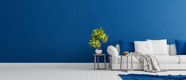 Beyaz modern mobilyalı mavi beton duvar, minimal iç tasarım, 3D çizim, 3D resim