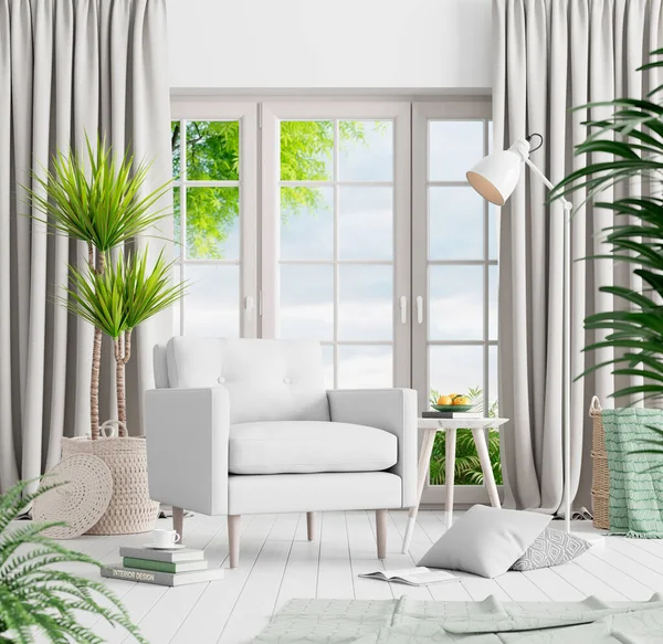 Modernes Weißes Wohnzimmer Innenarchitektur Mit Weißem Sessel Und Grünem Dekor — Stockfoto