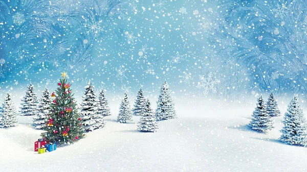 Açık havada süslenmiş Noel ağacı. Arka planda kar yağıyor. 3D görüntü.