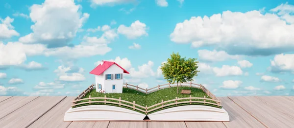 Prado Verde Con Una Bonita Casa Libro Abierto Render Ilustración —  Fotos de Stock