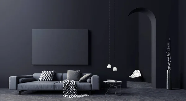 Modernes Konzept Innenarchitektur Des Schwarz Grauen Wohnzimmers Render Illustration — Stockfoto