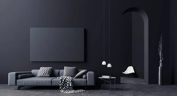 Siyah ve gri oturma odasının modern konsept iç tasarımı, 3D resimleme