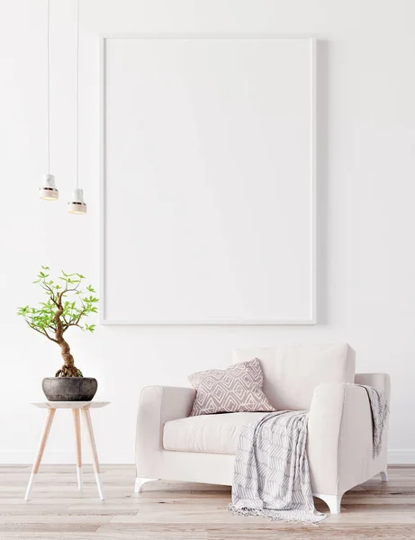 Mock Poszter Fehér Falon Fehér Modern Bútorok Minimális Belsőépítészet Render — Stock Fotó