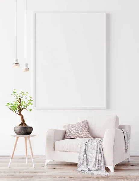 Beyaz duvara poster, beyaz modern mobilya, minimal iç tasarım 3D Render illüstrasyon
