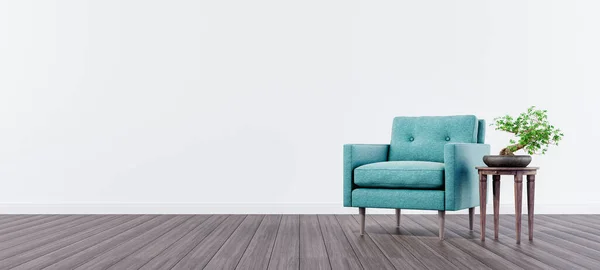 Diseño Interior Sala Estar Con Sillón Terciopelo Verde Árbol Bonsái — Foto de Stock