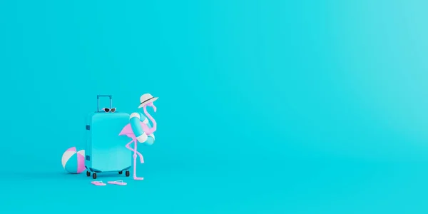 青い背景のスーツケースとビーチアクセサリー 夏の旅行の概念 3Dレンダリング3Dイラスト — ストック写真