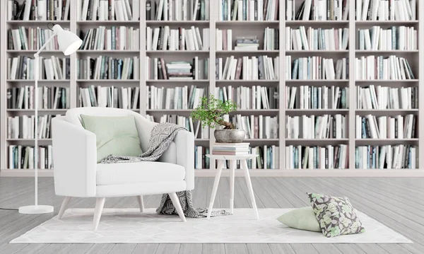 Wohnzimmereinrichtung Mit Bibliothek Weißer Sessel Mit Dekoration Render Illustration — Stockfoto