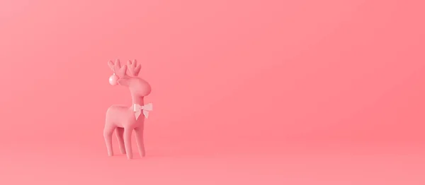 クリスマスの装飾とトナカイ 冬休みピンクの背景に最小限のコンセプト3Dレンダリング3Dイラスト — ストック写真