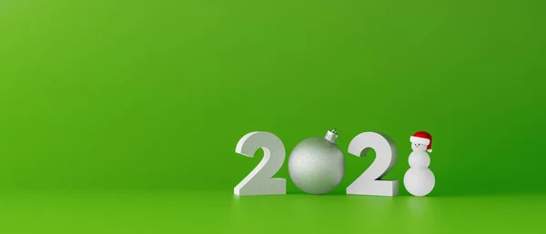 Mutlu Noeller ve mutlu yıllar 2021 tebrik kartı. 3d görüntüleme alanını kopyalayan yeşil arkaplan