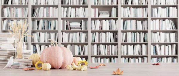 Decoração Sazonal Outono Com Folhas Abóboras Caindo Estante Biblioteca Férias — Fotografia de Stock