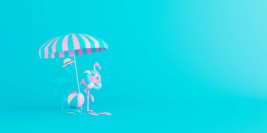 Mavi arka planda iki flamingo ve plaj aksesuarı. Yaz tatili kavramı. 3B Render 3B illüstrasyon