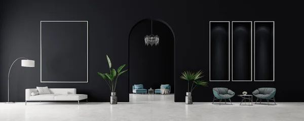 Siyah ve gri oturma odasının modern konsept iç tasarımı, 3D resimleme