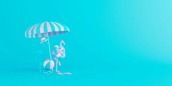 Two Flamingos Beach Accessories Blue Background Summer Vacation Concept Render — Stock Photo, Image