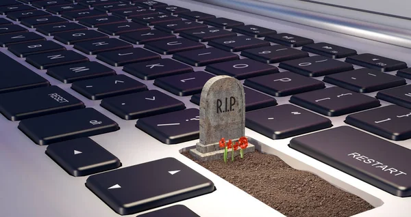 grave on laptop computer, dependence on the digital world concept, 3d render, 3d illustration