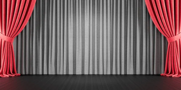 Black wooden stage with open red velvet curtain 3d render 3d illustration